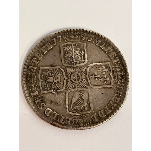 105 - 1745 SILVER GEORGE II LIMA SHILLING coin. Very fine condition. Slight indentation otherwise would ha... 