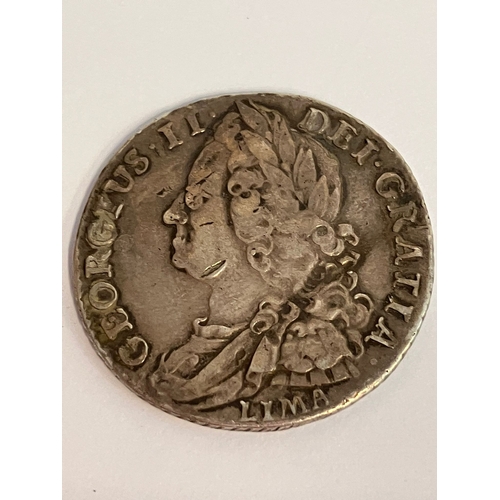105 - 1745 SILVER GEORGE II LIMA SHILLING coin. Very fine condition. Slight indentation otherwise would ha... 