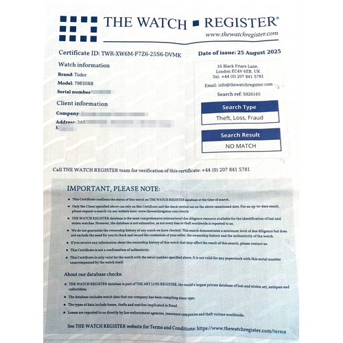 97 - A Tudor GMT Automatic Gents Watch. Model 79830RB. Brown leather strap. Stainless steel case - 42mm. ... 