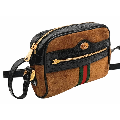 759 - A Gucci Brown Ophidia Small Shoulder Bag. Brown suede with gold-tone hardware, a front zipped pocket... 
