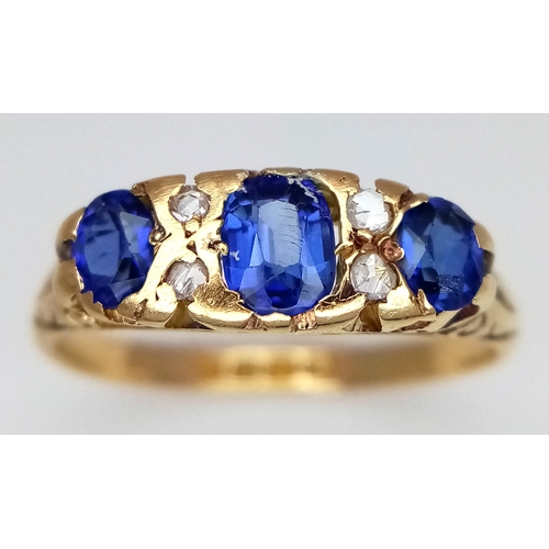 111 - AN 18K YELLOW GOLD ANTIQUE DIAMOND AND BLUE STONE RING. 2.4G. SIZE M. HALLMARKED LONDON 1916. REF-98... 