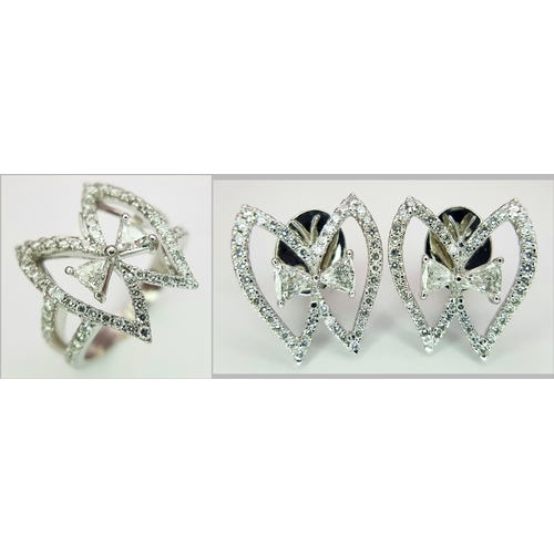 86 - A 950 Platinum and Diamond Set of Earrings and Ring in  Fancy Angel Wings Form. Trillion and round b... 