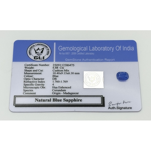 723 - A 6.88ct Faceted Madagascan Blue Sapphire Gemstone. Cushion shape. Colour enhanced. GLI certified. R... 