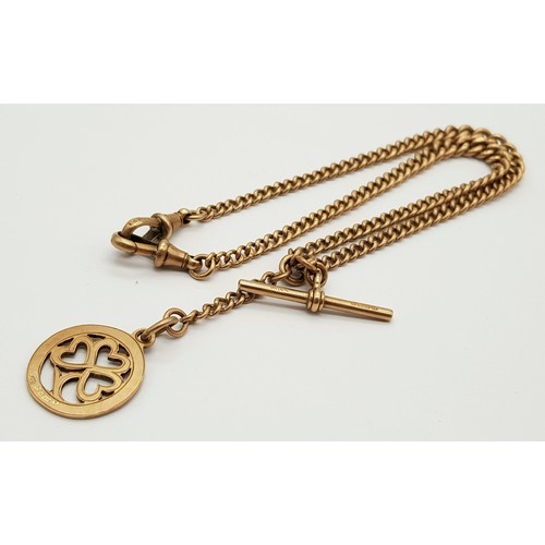 68 - A VINTAGE 9K GOLD WATCH CHAIN (ALBERT) WITH CLOVER FOB .     27.1gms
