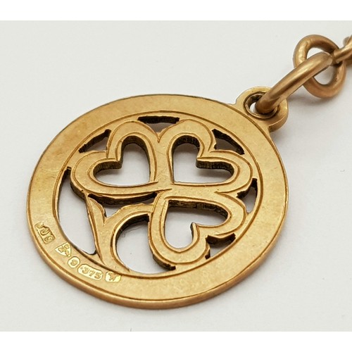 68 - A VINTAGE 9K GOLD WATCH CHAIN (ALBERT) WITH CLOVER FOB .     27.1gms