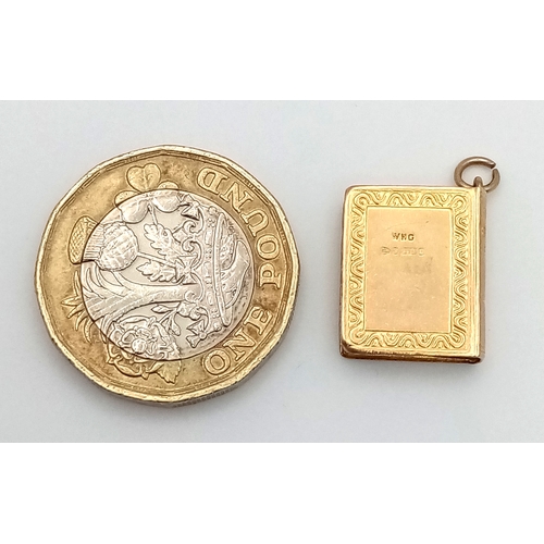 728 - A 9K Yellow Gold Holy Bible Pendant/Charm. 2cm. 1.4g.
