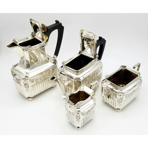 359 - A Wonderful, Antique Victorian Tea and Coffee Sterling Silver Set. A square shaped body set with orn... 