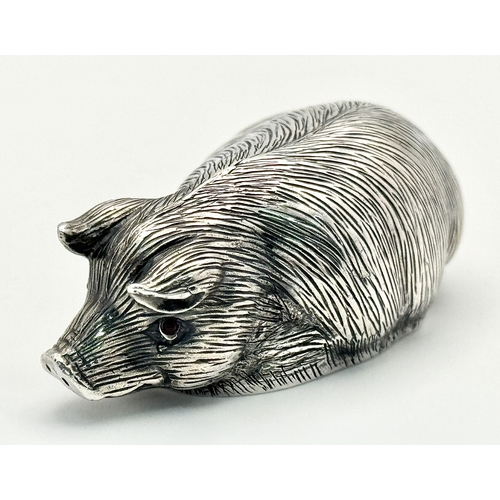 64 - An Antique Faberge Silver Pig Figurine with Ruby Eyes. Faberge mark. Head 88 mark. 6cm length. 30.3g... 