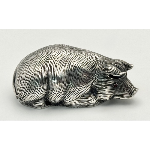64 - An Antique Faberge Silver Pig Figurine with Ruby Eyes. Faberge mark. Head 88 mark. 6cm length. 30.3g... 