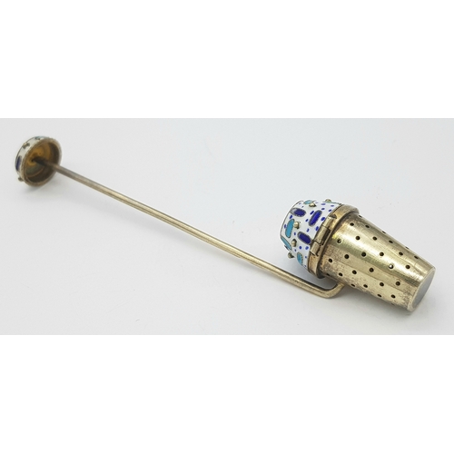 88 - An Antique Russian 916 Silver and Enamel Cloisonne Tea Strainer. 11cm. 18.7g.