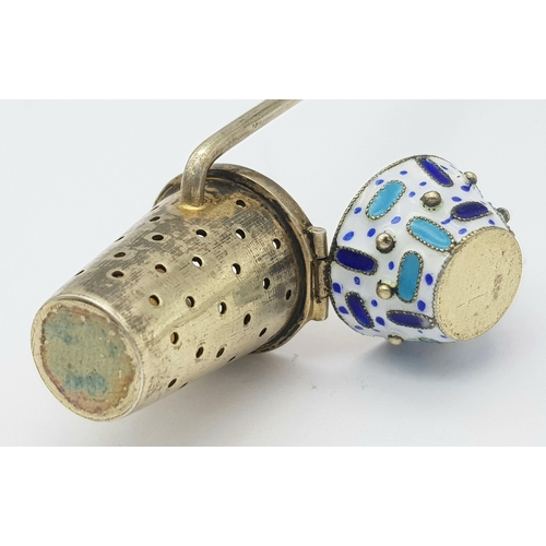 88 - An Antique Russian 916 Silver and Enamel Cloisonne Tea Strainer. 11cm. 18.7g.