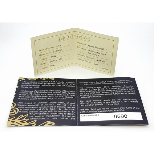 26 - A Perth Mint 2015 Australian, Queen Elizabeth II Proof Gold Sovereign COIN. 22k gold. 7.98g. Only 15... 