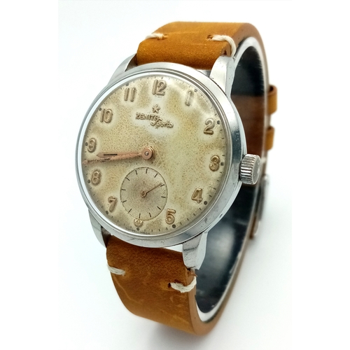 36 - A Vintage Zenith Sporto Mechanical Watch. Synthetic brown strap. Stainless steel case - 35mm. Patina... 