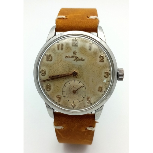 36 - A Vintage Zenith Sporto Mechanical Watch. Synthetic brown strap. Stainless steel case - 35mm. Patina... 