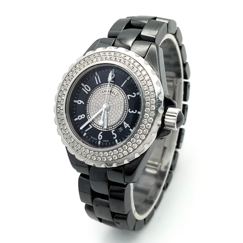 74 - A Chanel J12 Diamond Automatic Ladies Watch. Model D.X. 14136. Black ceramic bracelet and case - 33m... 