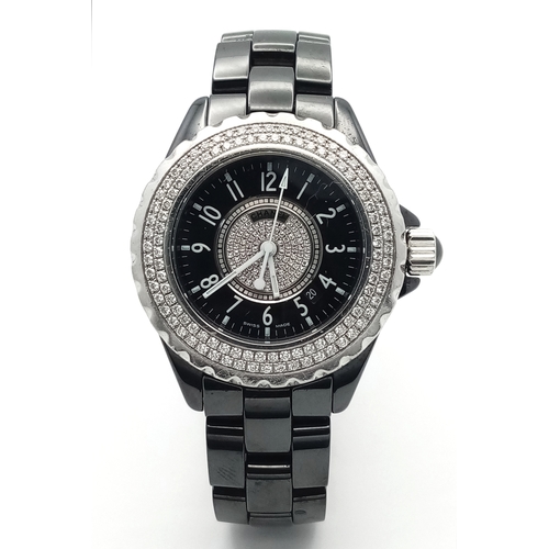 74 - A Chanel J12 Diamond Automatic Ladies Watch. Model D.X. 14136. Black ceramic bracelet and case - 33m... 