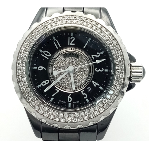 74 - A Chanel J12 Diamond Automatic Ladies Watch. Model D.X. 14136. Black ceramic bracelet and case - 33m... 
