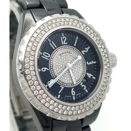 74 - A Chanel J12 Diamond Automatic Ladies Watch. Model D.X. 14136. Black ceramic bracelet and case - 33m... 