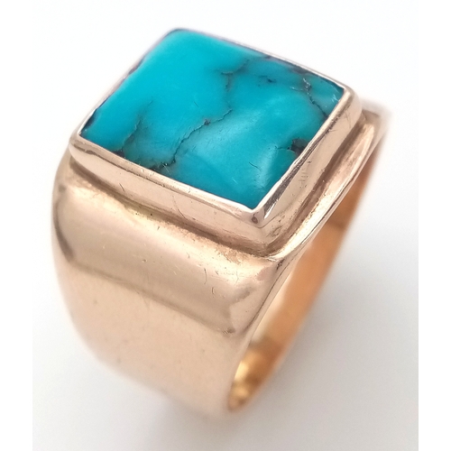 105 - Rare and unusual ‘made to order’   Polished TURQUOISE GEMSTONE set in a HEAVY WIDE 9 CARAT GOLD RING... 