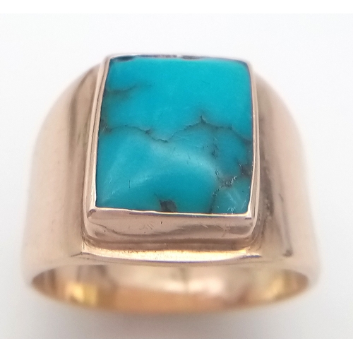 105 - Rare and unusual ‘made to order’   Polished TURQUOISE GEMSTONE set in a HEAVY WIDE 9 CARAT GOLD RING... 