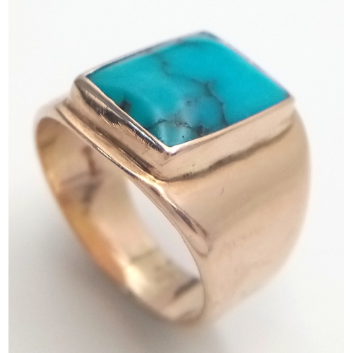 105 - Rare and unusual ‘made to order’   Polished TURQUOISE GEMSTONE set in a HEAVY WIDE 9 CARAT GOLD RING... 