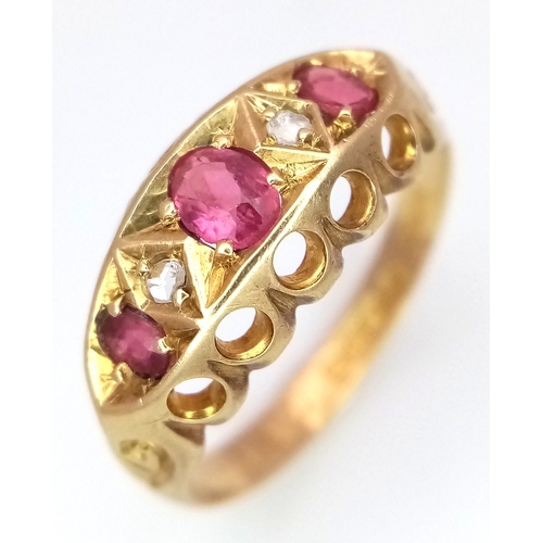 110 - AN 18K YELLOW GOLD ANTIQUE DIAMOND AND RUBY RING. 3G. SIZE L. HALLMARKED BIRMINGHAM 1918. SC6080.