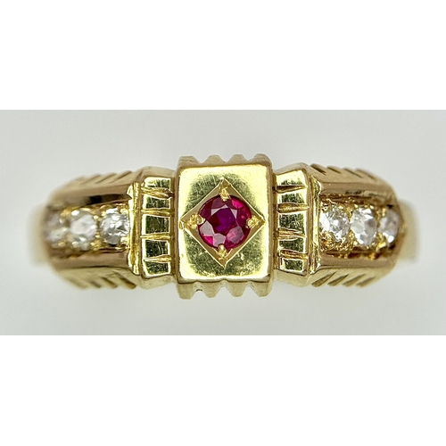 117 - AN 18K YELLOW GOLD VINTAGE DIAMOND AND RUBY RING. 3.4G. SIZE P. SC6084.