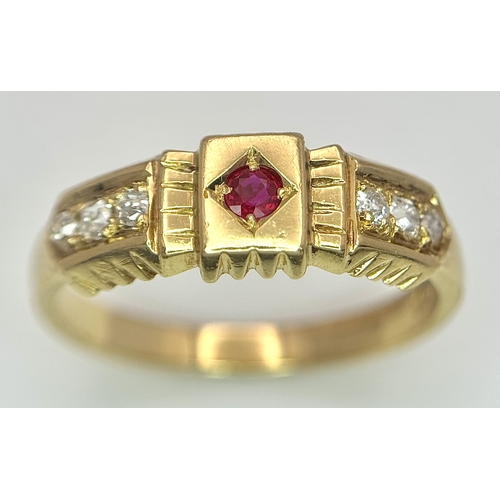 117 - AN 18K YELLOW GOLD VINTAGE DIAMOND AND RUBY RING. 3.4G. SIZE P. SC6084.