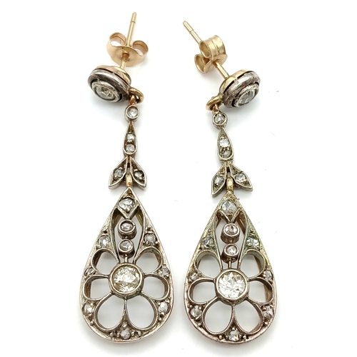 102 - A PAIR OF 9K YELLOW GOLD VINTAGE DIAMOND SET DROP EARRINGS. 41MM DROP. 4.5G. REF: TAN 6001