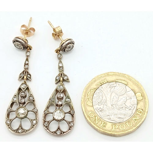 102 - A PAIR OF 9K YELLOW GOLD VINTAGE DIAMOND SET DROP EARRINGS. 41MM DROP. 4.5G. REF: TAN 6001