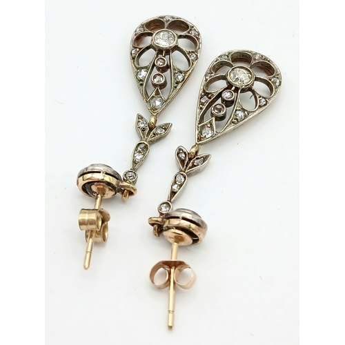 102 - A PAIR OF 9K YELLOW GOLD VINTAGE DIAMOND SET DROP EARRINGS. 41MM DROP. 4.5G. REF: TAN 6001