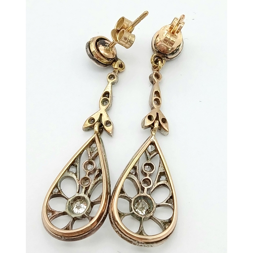 102 - A PAIR OF 9K YELLOW GOLD VINTAGE DIAMOND SET DROP EARRINGS. 41MM DROP. 4.5G. REF: TAN 6001