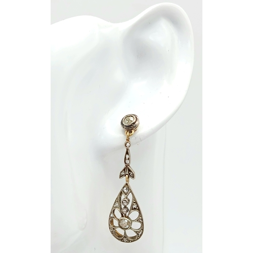 102 - A PAIR OF 9K YELLOW GOLD VINTAGE DIAMOND SET DROP EARRINGS. 41MM DROP. 4.5G. REF: TAN 6001