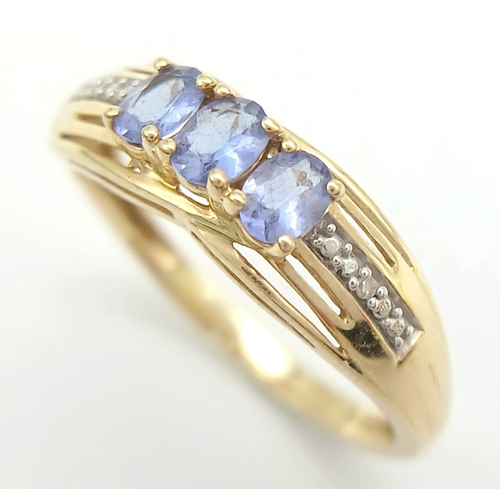 91 - Stunning 14 CARAT GOLD, SAPPHIRE TRILOGY RING with DIAMOND SHOULDERS. Fully hallmarked. 2.4 Grams. S... 