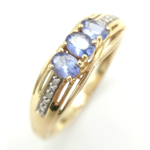 91 - Stunning 14 CARAT GOLD, SAPPHIRE TRILOGY RING with DIAMOND SHOULDERS. Fully hallmarked. 2.4 Grams. S... 