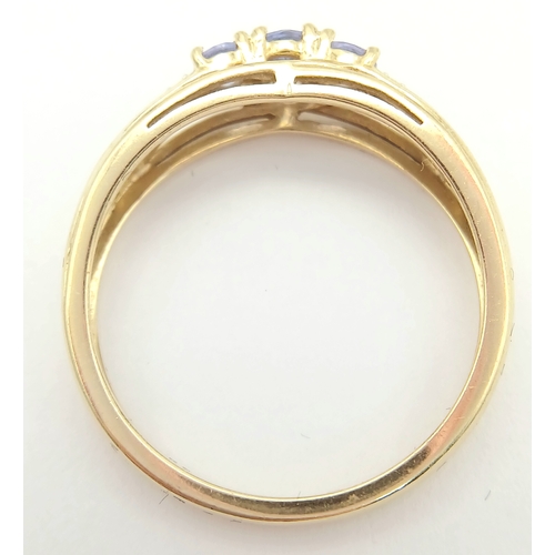 91 - Stunning 14 CARAT GOLD, SAPPHIRE TRILOGY RING with DIAMOND SHOULDERS. Fully hallmarked. 2.4 Grams. S... 