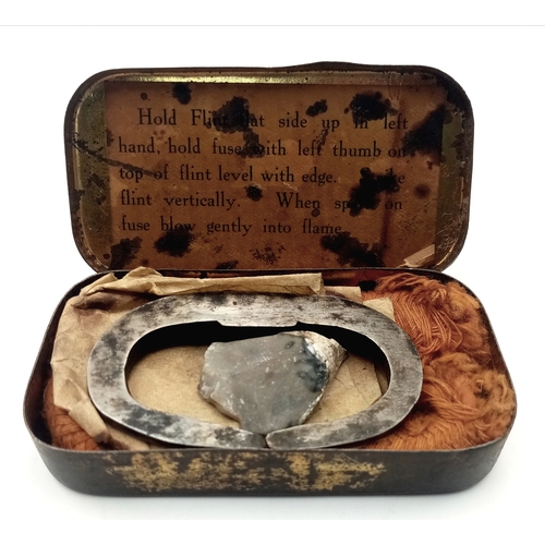 330 - WW1-WW2 Period “The Allies Tinder Box” with original iron striker, flint fragment and taper.