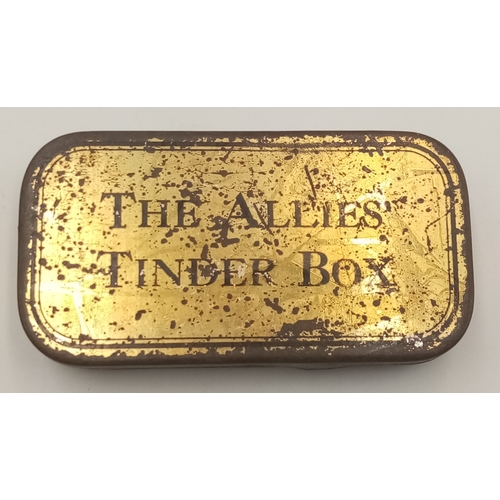 330 - WW1-WW2 Period “The Allies Tinder Box” with original iron striker, flint fragment and taper.