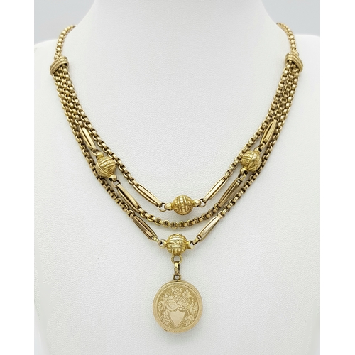 45 - An Antique 9K Gold Albertina Watch Chain with Coin Locket Fob. 42cm. 26.05g.