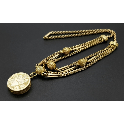 45 - An Antique 9K Gold Albertina Watch Chain with Coin Locket Fob. 42cm. 26.05g.