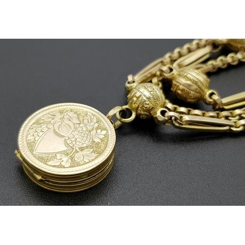 45 - An Antique 9K Gold Albertina Watch Chain with Coin Locket Fob. 42cm. 26.05g.