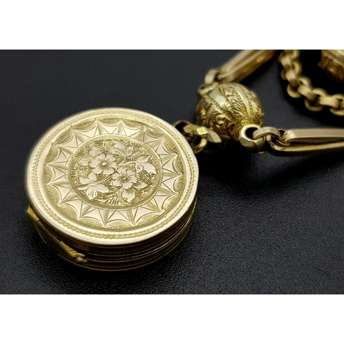 45 - An Antique 9K Gold Albertina Watch Chain with Coin Locket Fob. 42cm. 26.05g.