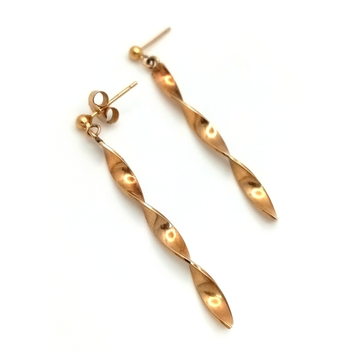 454 - A Pair of 9K Yellow Gold Twist Drop Earrings. 3.5cm. 1.85g.