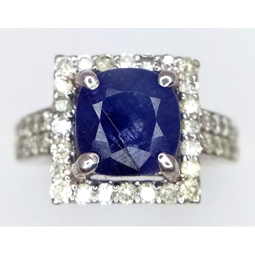 534 - A 3ct Blue Sapphire Ring with 0.7ctw of Diamond Accents. Set in 925 Silver. With case. Comes with a ... 