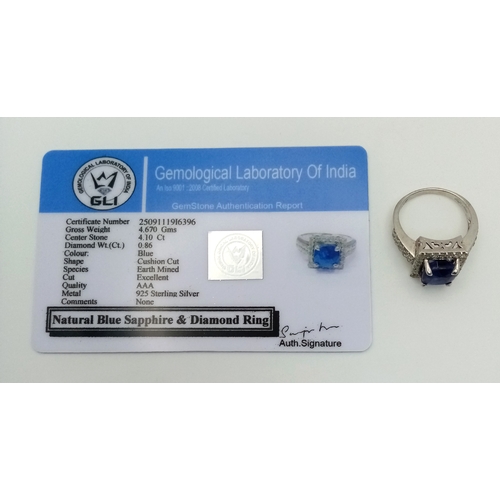 534 - A 3ct Blue Sapphire Ring with 0.7ctw of Diamond Accents. Set in 925 Silver. With case. Comes with a ... 