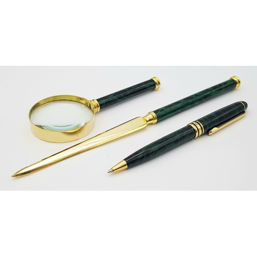 541 - A Lanco Vintage Stationary Set. Ballpoint pen. letter opener and magnifying glass. Malachite and gil... 