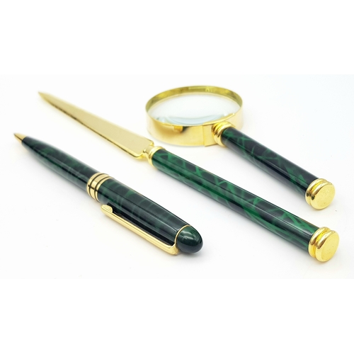 541 - A Lanco Vintage Stationary Set. Ballpoint pen. letter opener and magnifying glass. Malachite and gil... 