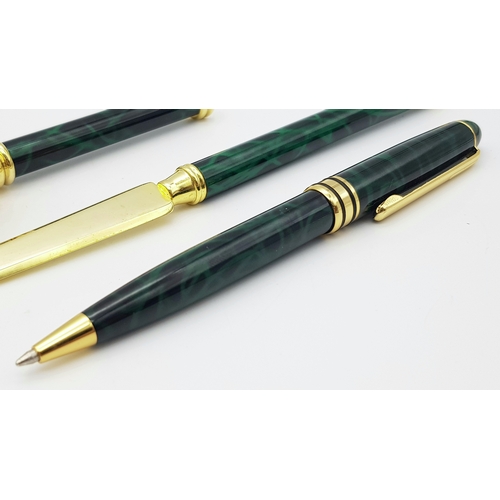 541 - A Lanco Vintage Stationary Set. Ballpoint pen. letter opener and magnifying glass. Malachite and gil... 