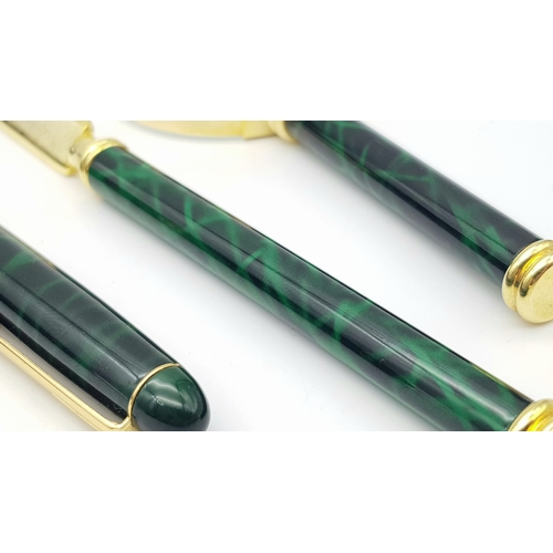 541 - A Lanco Vintage Stationary Set. Ballpoint pen. letter opener and magnifying glass. Malachite and gil... 