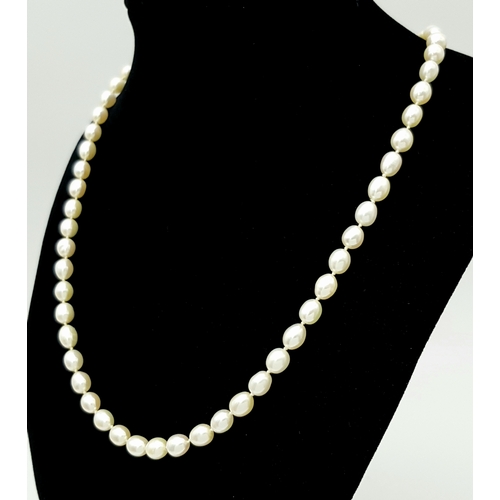 22 - A Cellini Rice Pearl Necklace with 18K Gold Clasp. 44cm length. Comes with a Cellini case.